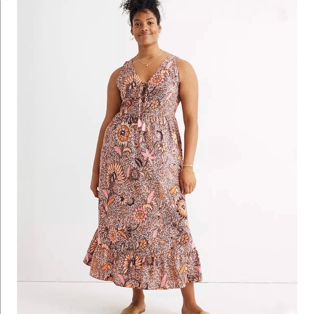 Madewell Lace-Up Ruffle-Hem Midi Dress